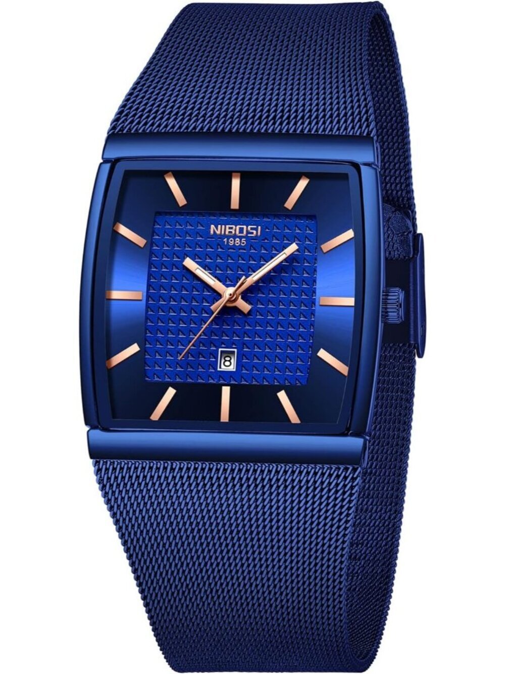 Nibosi Men's Blue Square Analog Quartz Stainless Mesh Strap Waterproof Watch